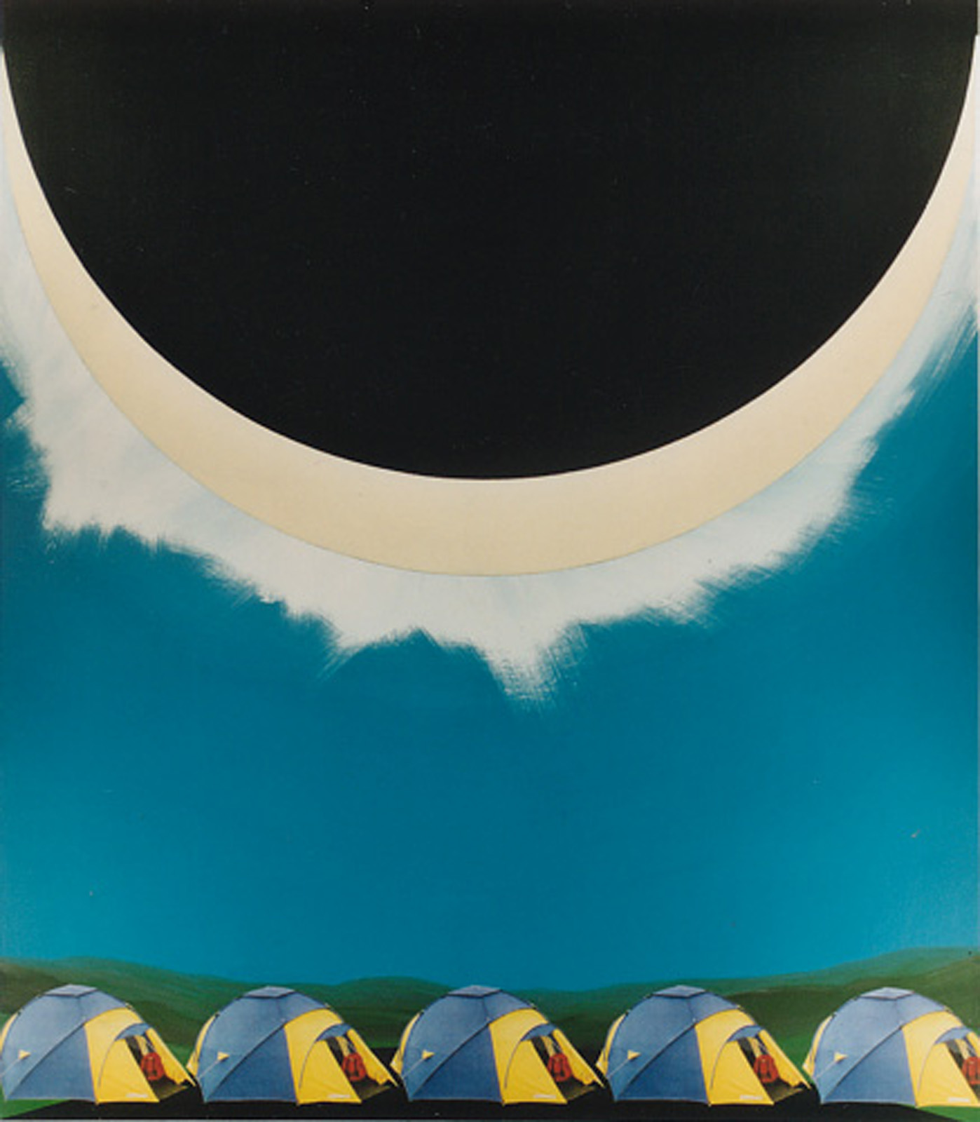 A painting of tents beneath a solar eclipsed sun