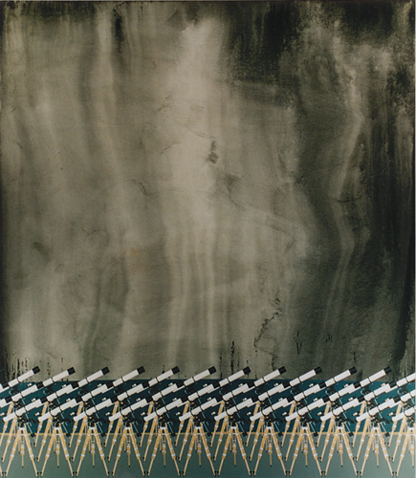 A painting of rows of astronomical telescopes beneath a clouded sky