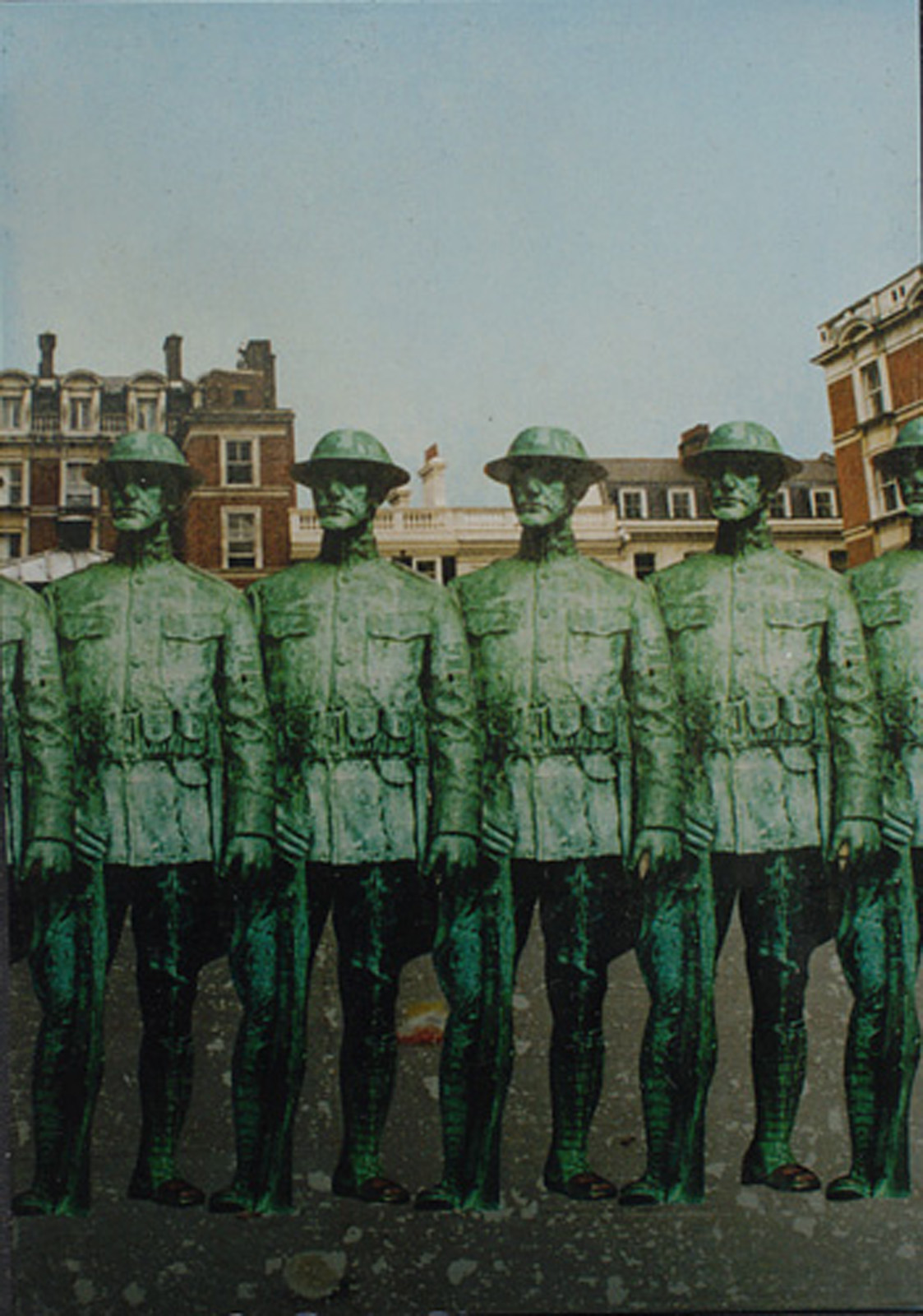 A painting of war memorial statues