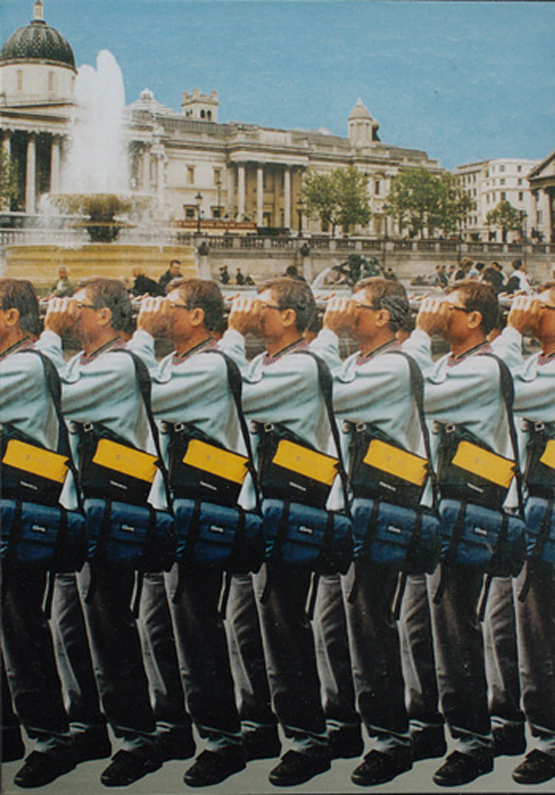 A painting of tourists with cameras