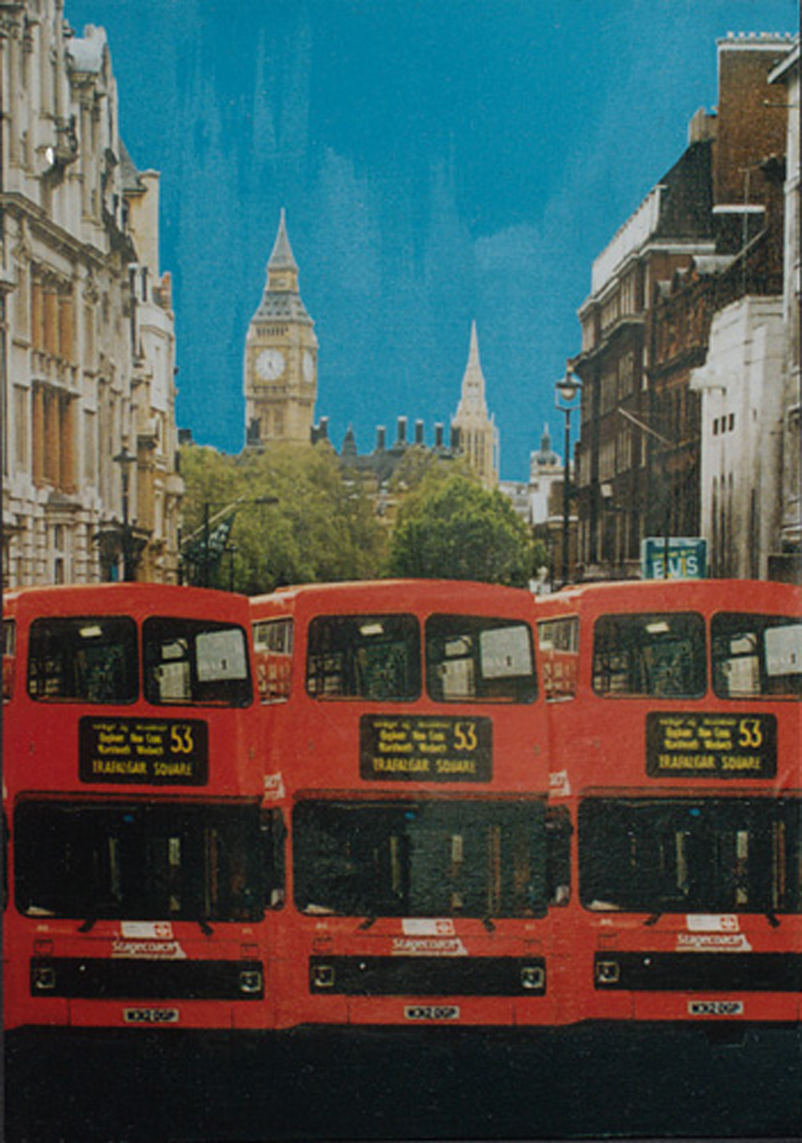 A painting of buses