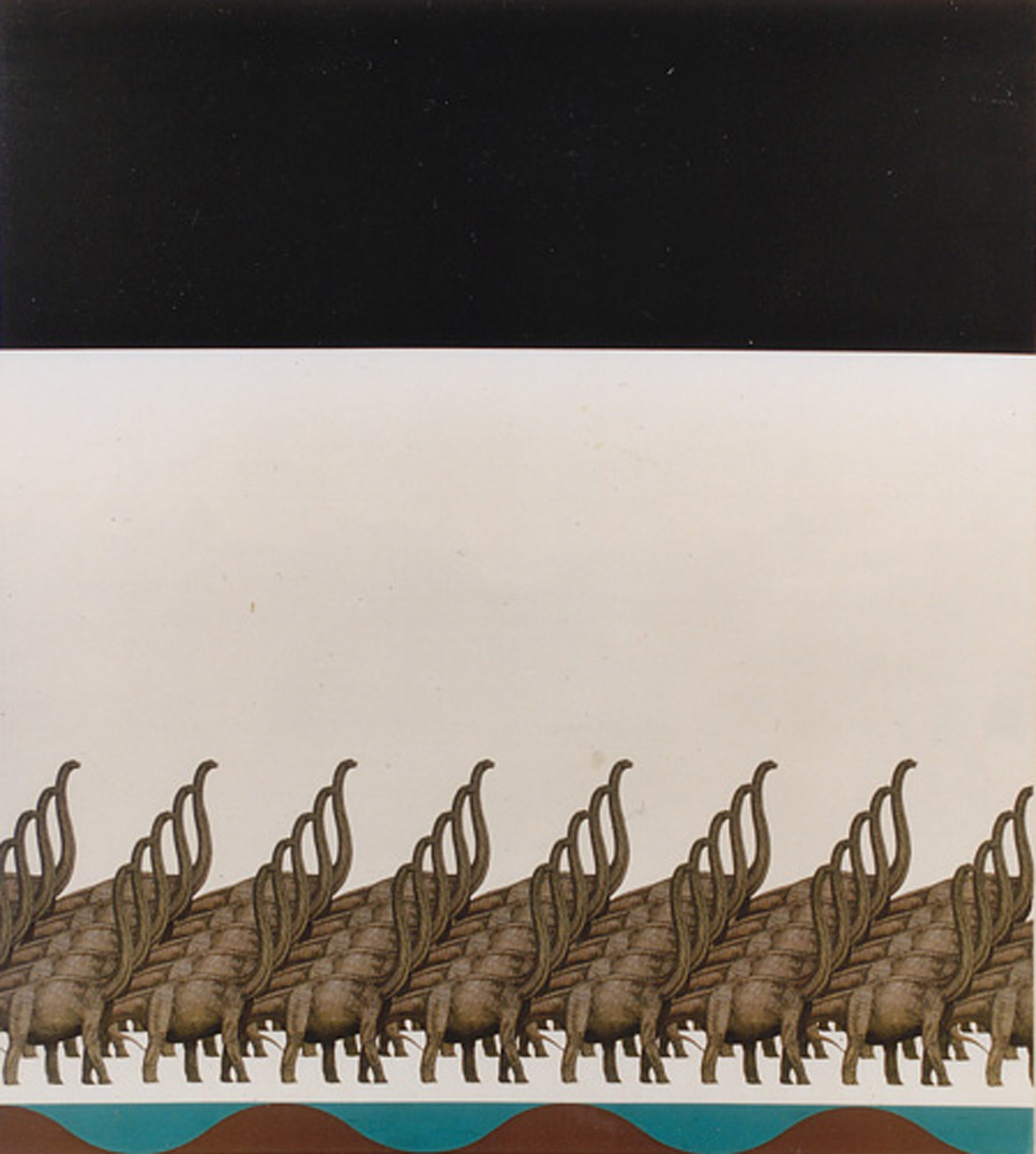 A painting of dinosaurs walking across a snowy landscape
