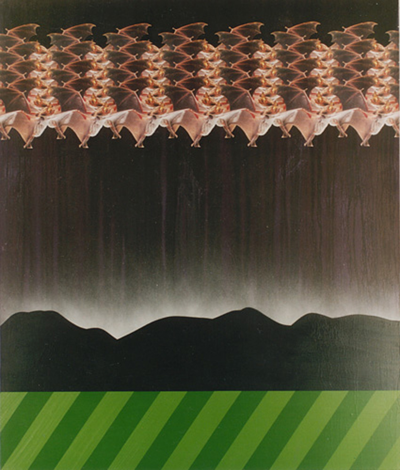 A painting of a cloud of bats cirling a garden