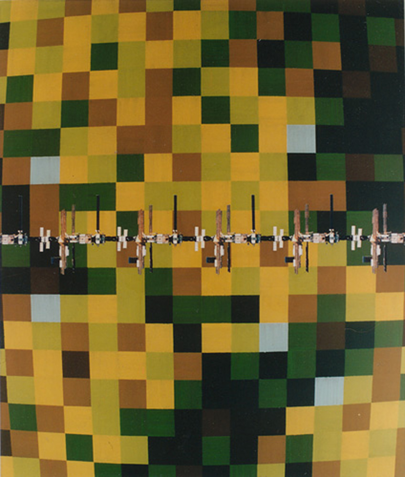 Mir, a painting of space stations circling the world below by Richard Bartle