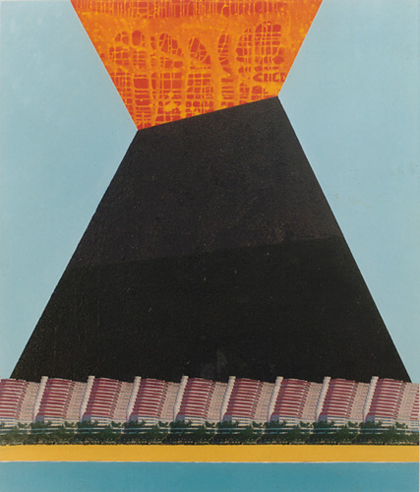 A painting of a volcano over a holiday resort