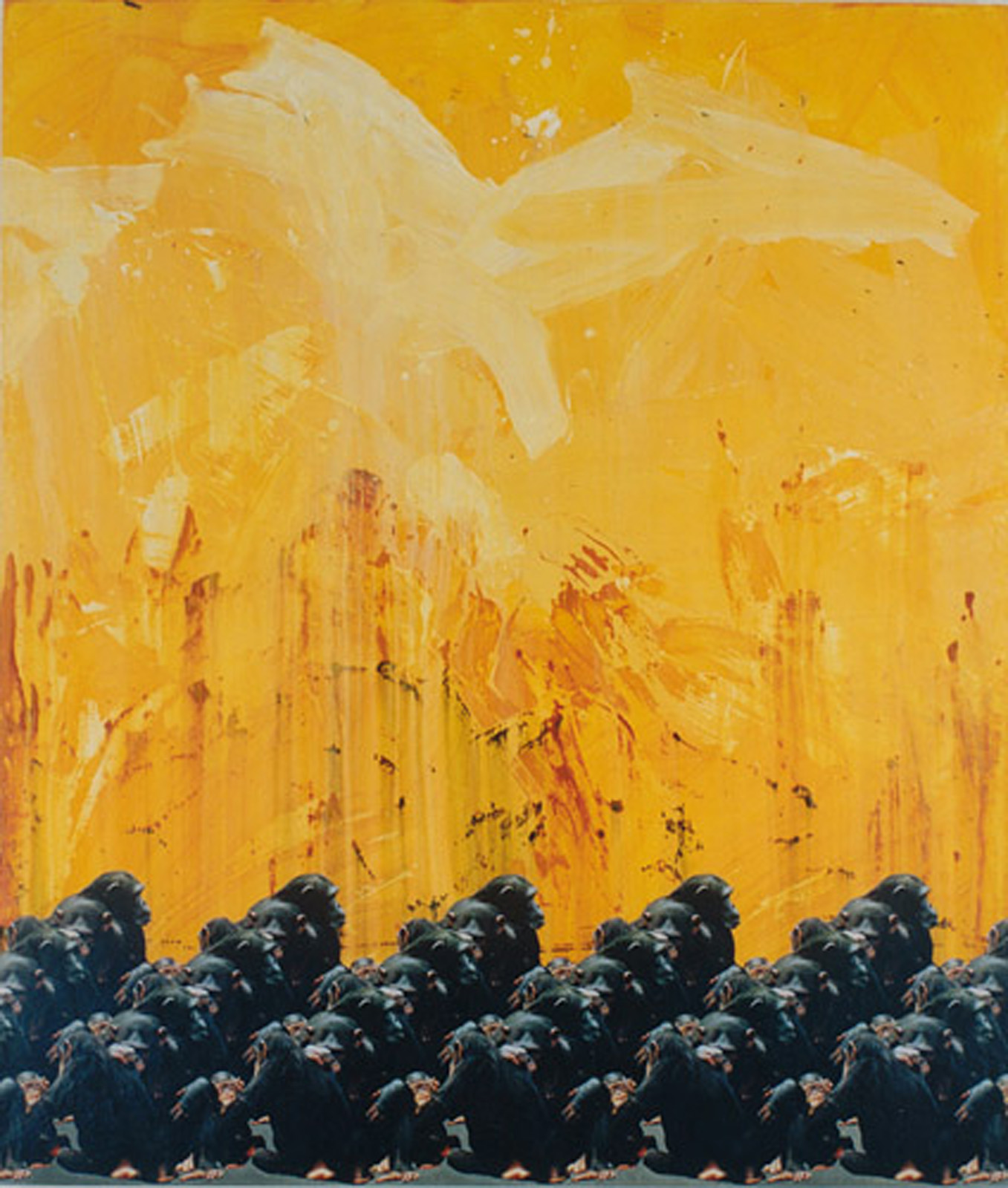 Apes, a painting of chimpanzees in a fiery landscape by Richard Bartle
