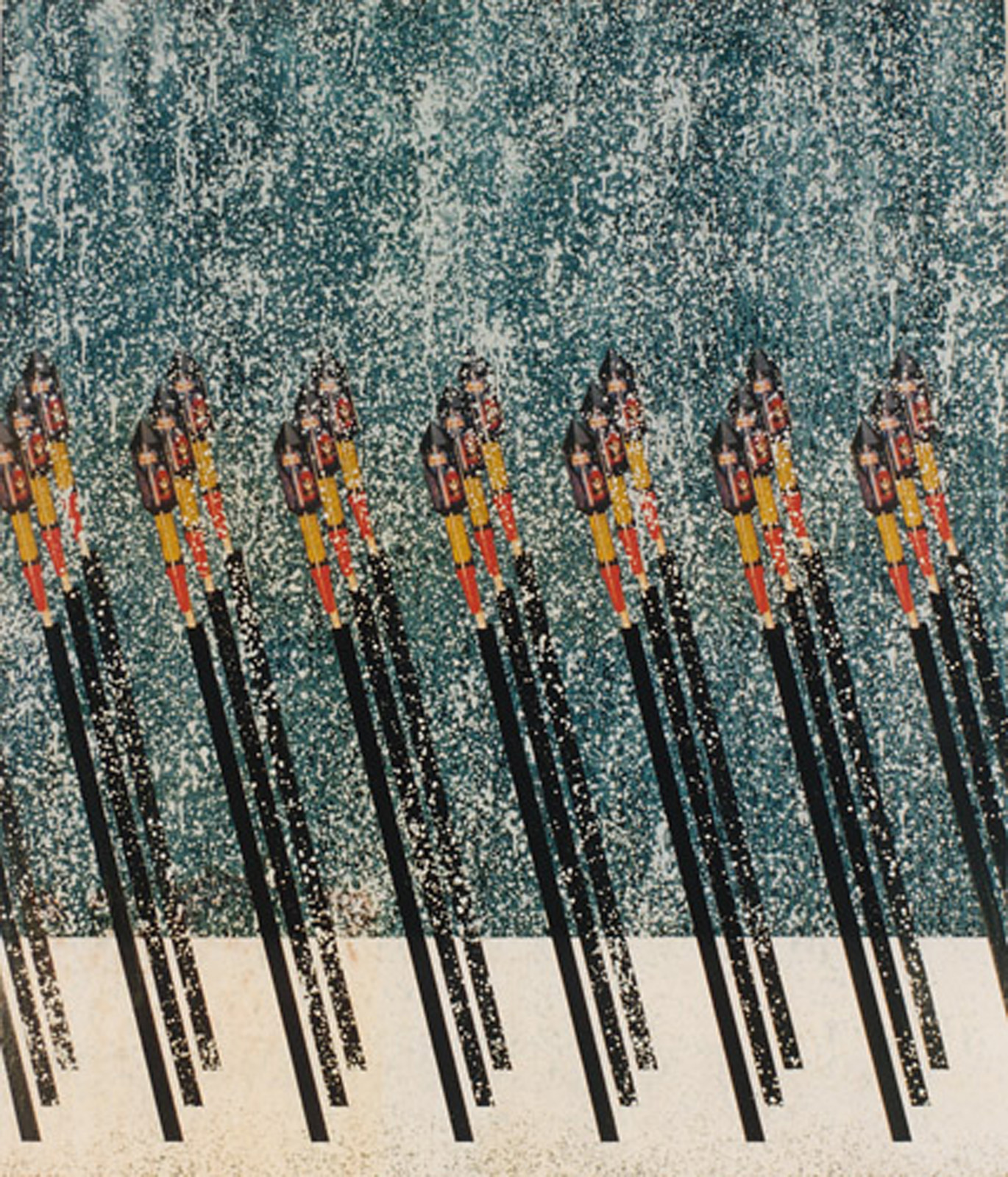 A painting of rows of firework rockets in a snowy winter scene