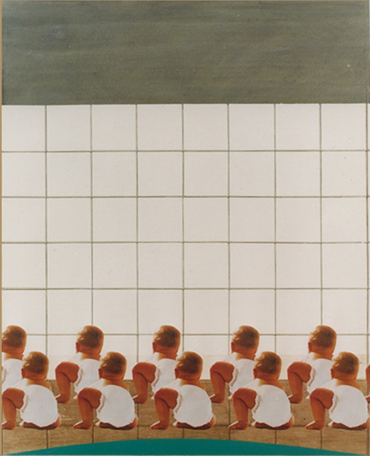 A painting of babies crawling across a dirty tiled surface