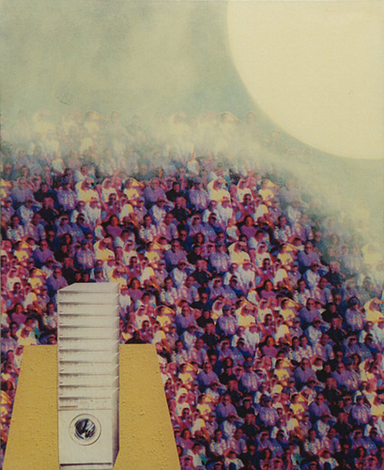 A painting of a stack of washing machines on a high stage above a crowd