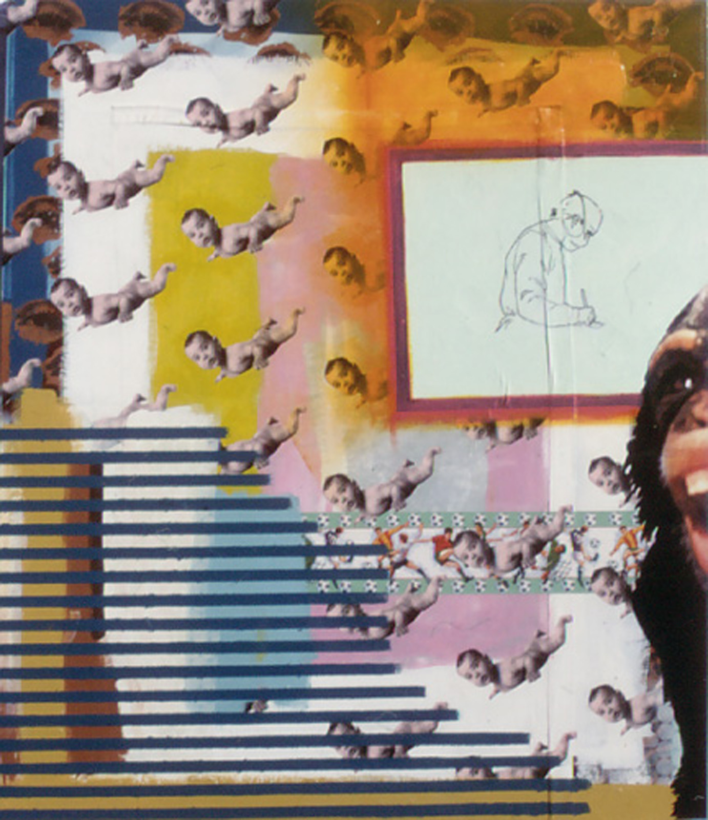 A painting of a clip-art surgeon surrounded by mammals