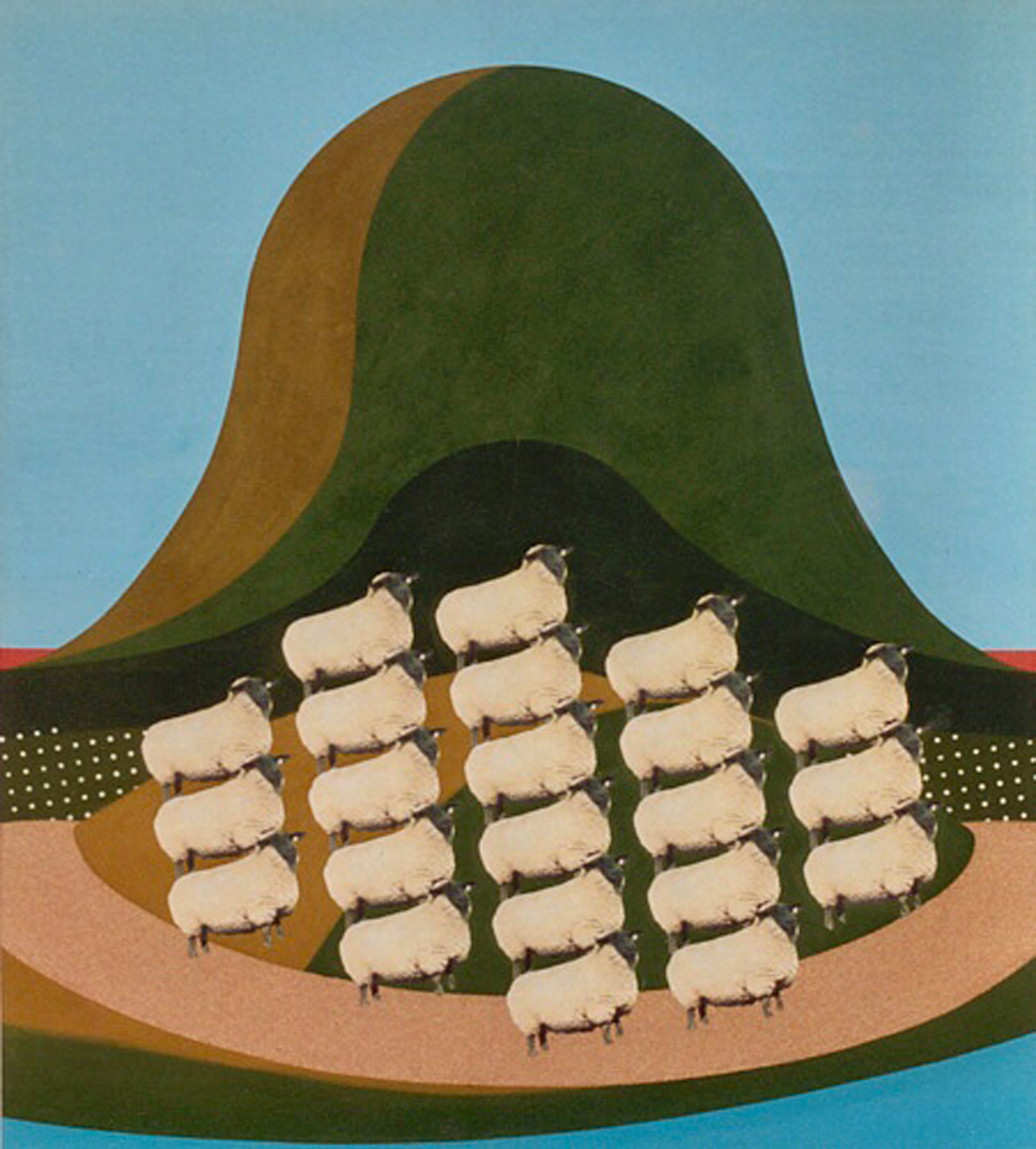A painting of sheeps stood in the road