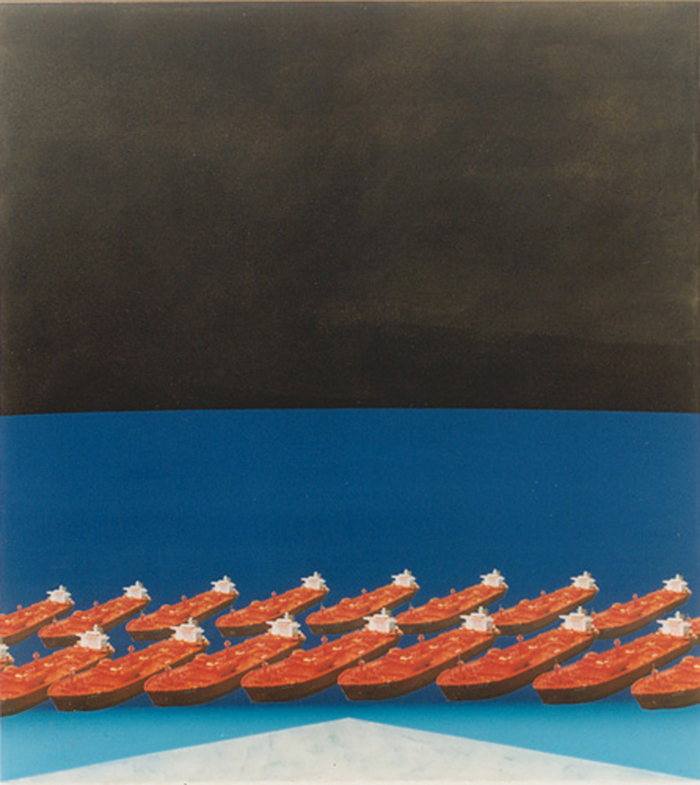 A painting of oil tankers heading towards an iceberg