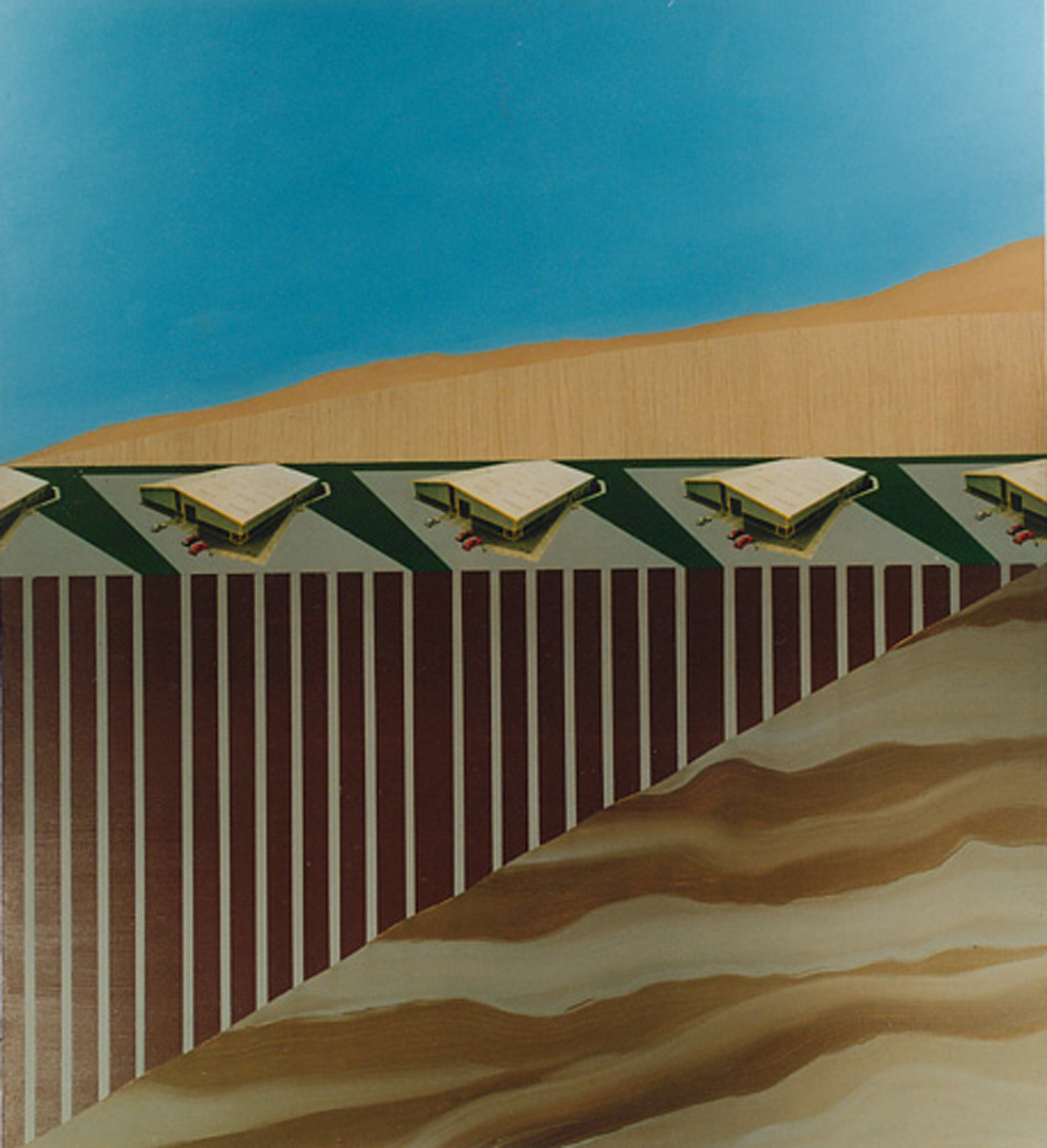 A painting of factories built on reclaimed swampland