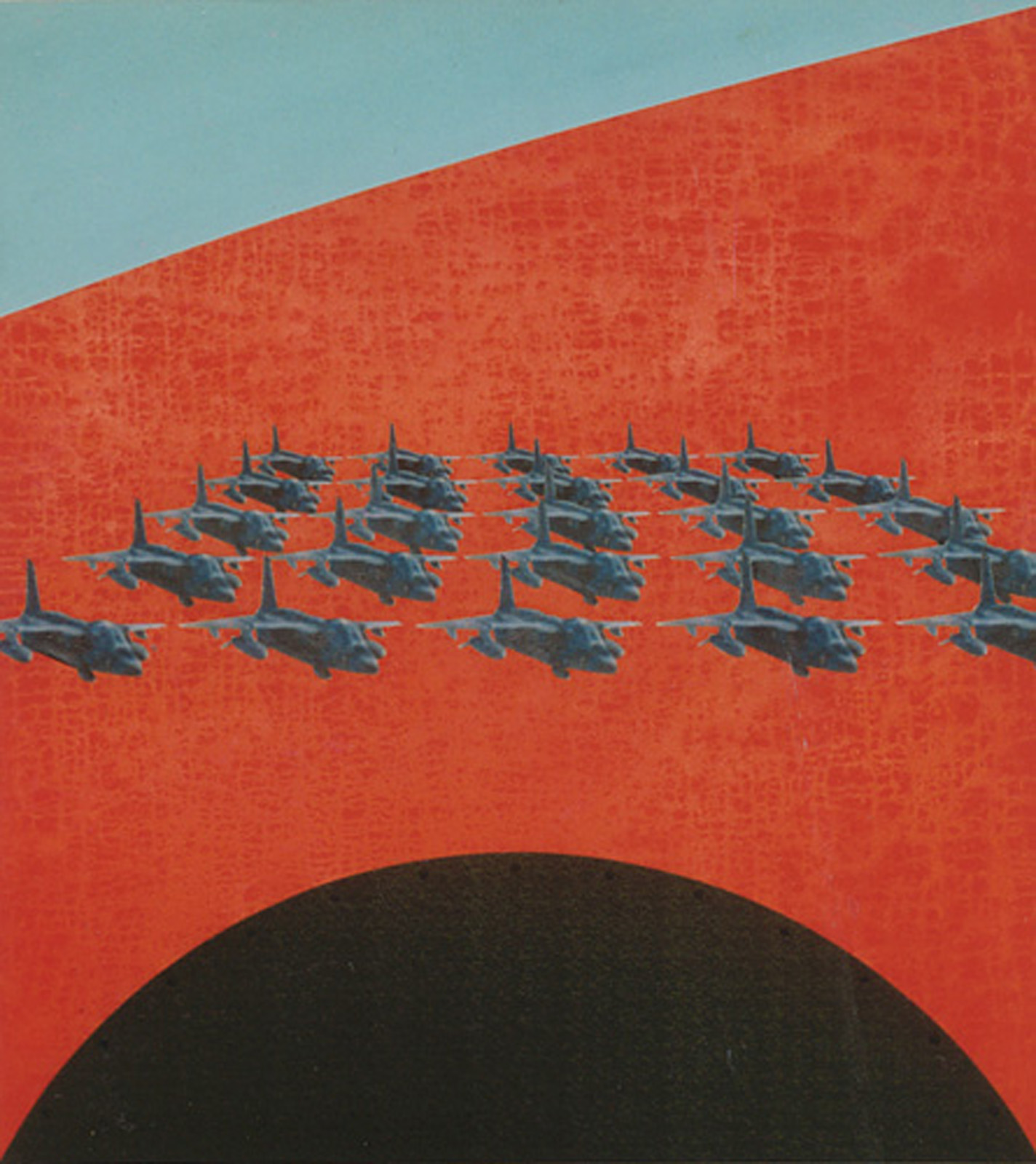A painting of war jets flying over a wasted burning earth