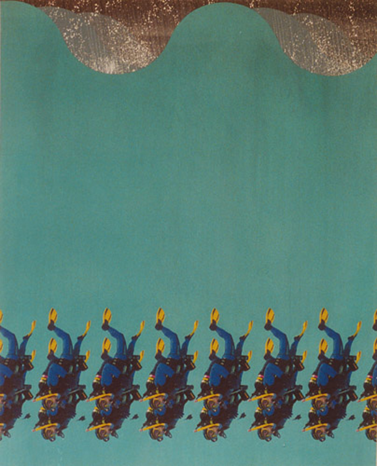A painting of divers beneath a stormy sea