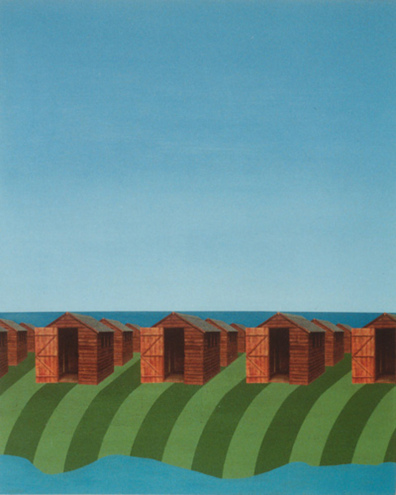 Refuge, a painting of garden sheds on an island by Richard Bartle