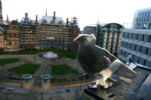 City of Peace seen on permenant display in the Peace gardens near the  winter gardens in sheffield by Richard Bartle Sheffield based contemporary artist. working at bloc studios sheffield.