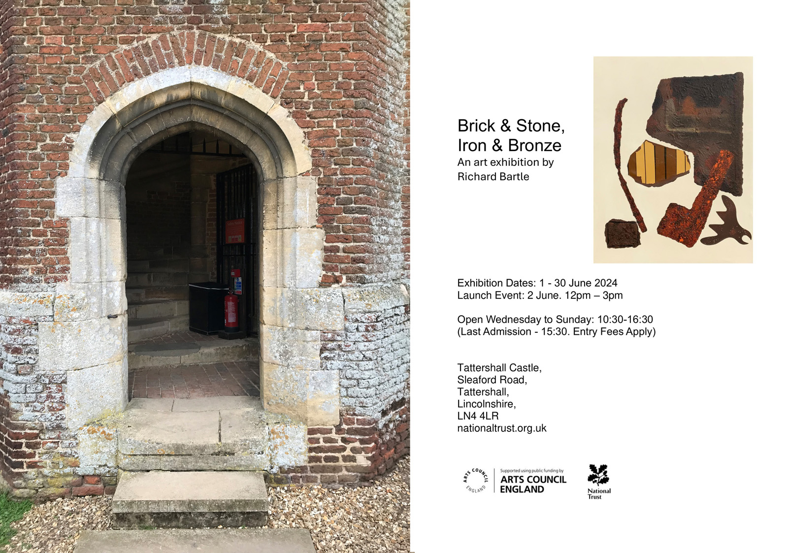 Exhibition flyer for Brick & Stone, Iron & Bronze by Richard Bartle at Tattershall Castle, Lincolnshire